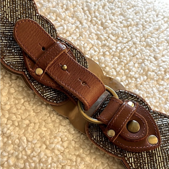 Anthropologie Vintage Brown Leather ,Glass Beaded Scalloped Belt - Picture 5 of 6